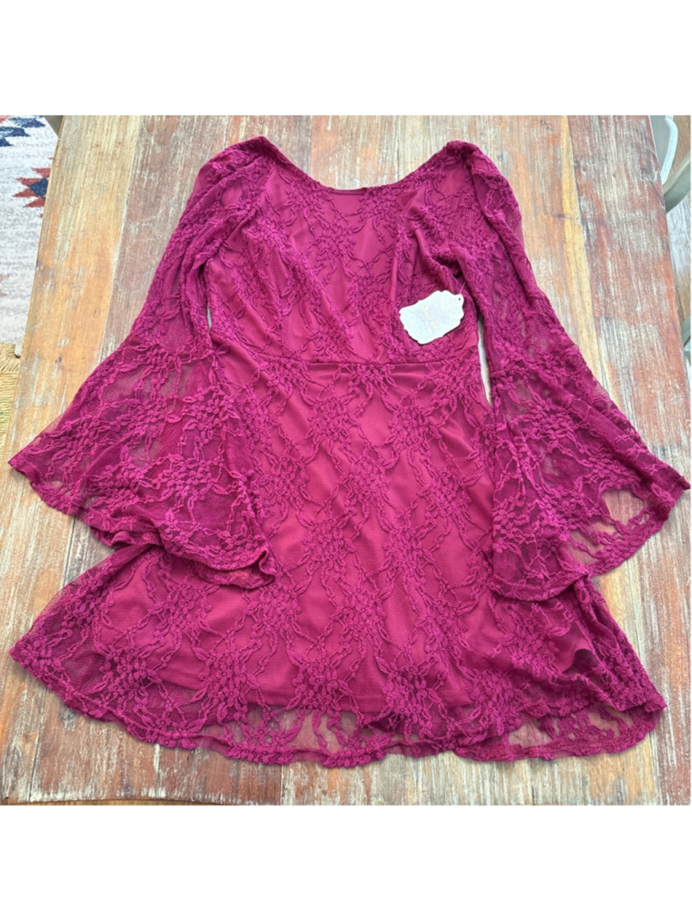 Altar'd State Burgundy Lace Bell Sleeve Dress Small